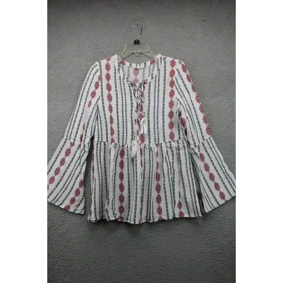 Promesa Aztec Bell Sleeves Tunic-Size Large Jrs.-Rayon-Tassels - Picture 1 of 11